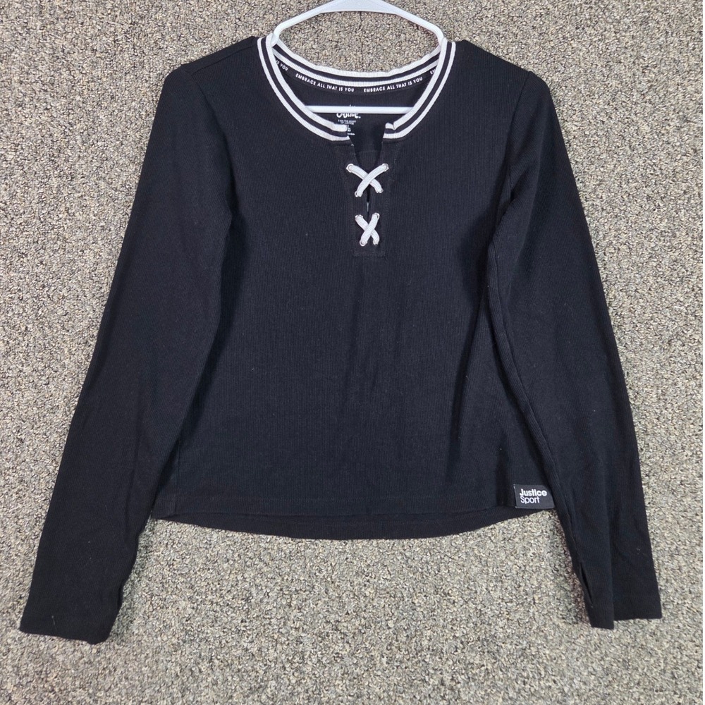 Justice Sport Ribbed Top Girls XL 16/18 Black Lace Up Long Sleeve Ringer Tee - Picture 1 of 9